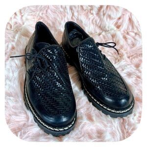 VTG Italian Black Leather Creepers w Woven Details Lug Soles Whip Stitched Sz 38
